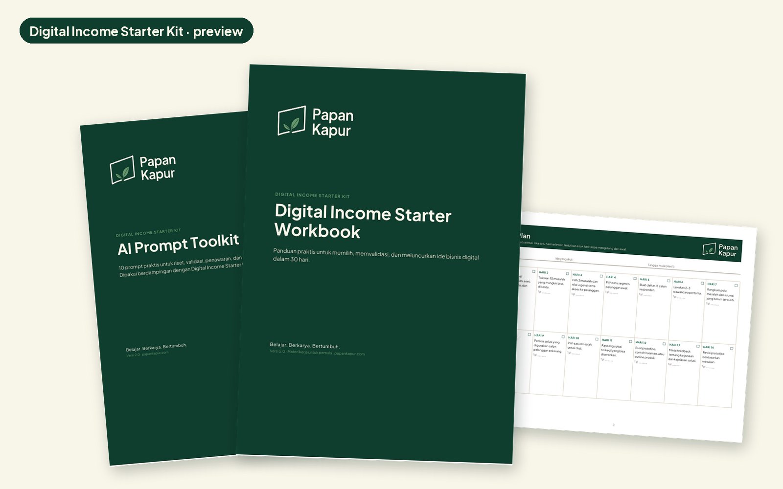 Sampul Digital Income Starter Workbook, AI Prompt Toolkit, dan 30-Day Action Plan dari Papan Kapur